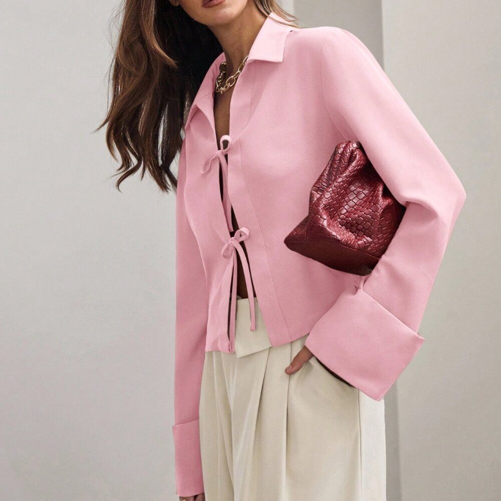 Pink Casual Women's Plain Front Tie Long Sleeve Tee Shirt